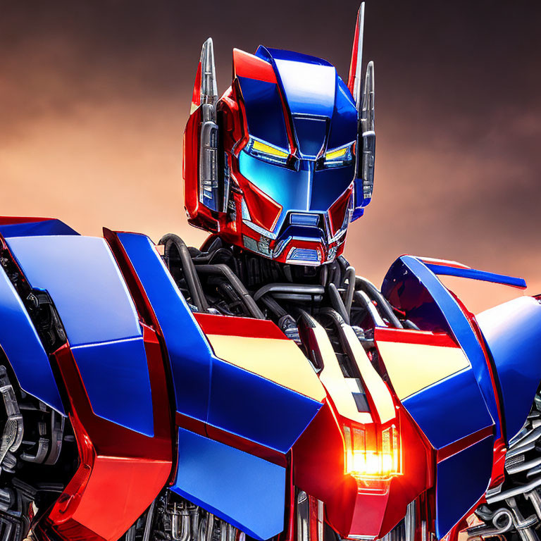 Detailed Close-Up of Optimus Prime's Head and Chest Against Moody Sky