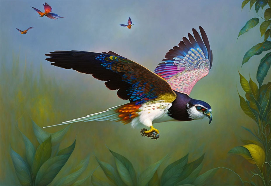 Colorful Hawk Painting with Detailed Feathers and Birds in Green Foliage