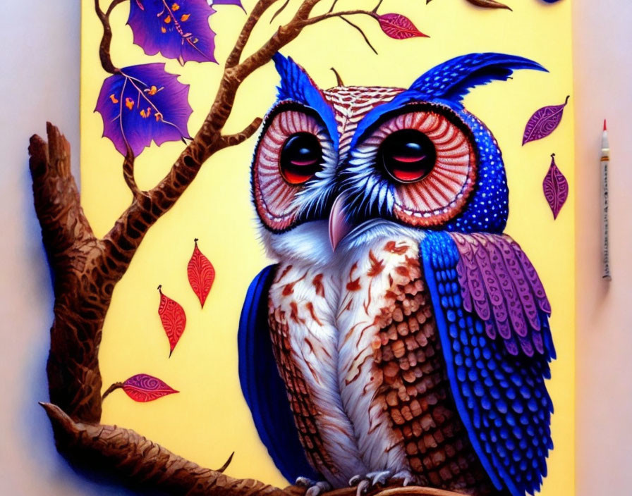 Colorful Owl Illustration on Branch with Blue and Red Leaves on Yellow Background, Pencil for Scale