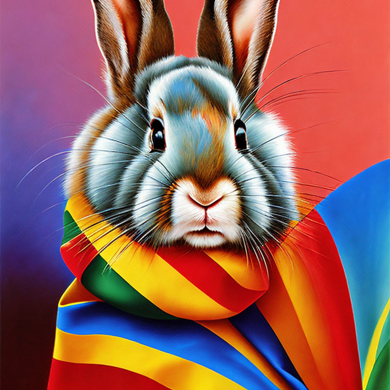 Colorful rabbit illustration with flowing scarf on red and blue backdrop