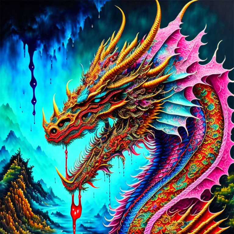 Colorful Mythical Dragon Art Against Mountain Landscape