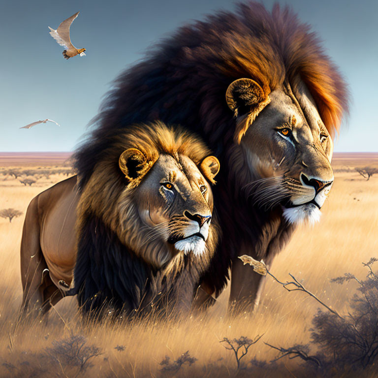 Majestic lions with lush manes on savannah with birds