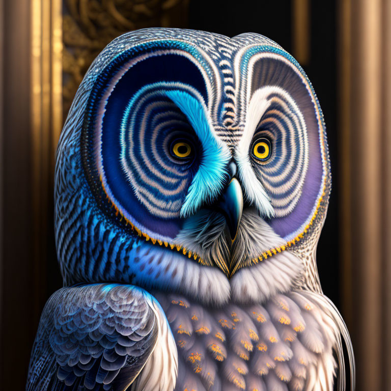 Colorful 3D owl illustration with intricate blue and white patterns