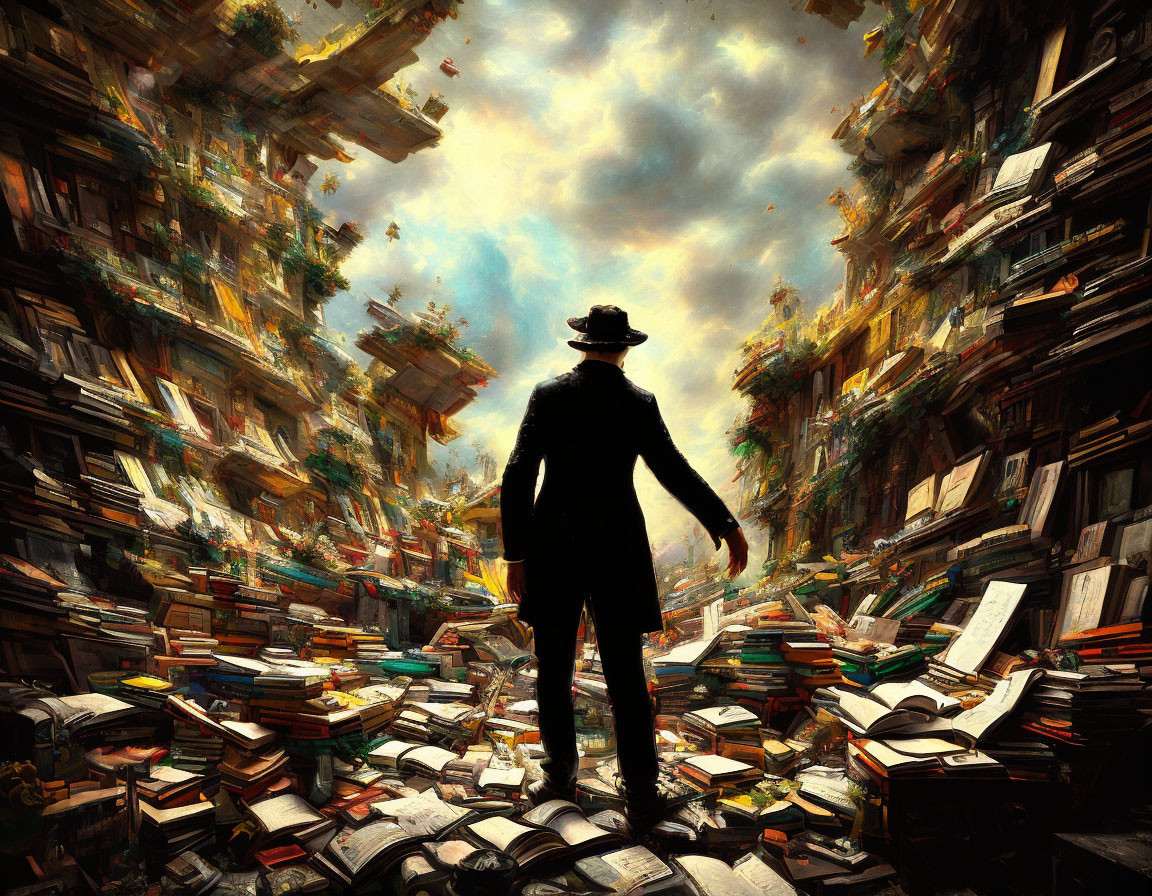 Silhouette of a person in hat facing swirling books and papers under dramatic sky