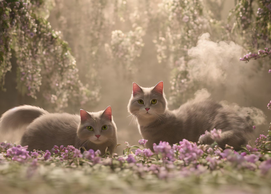 Fluffy White Cats with Pink Ears and Green Eyes Relaxing in Purple Flower Garden