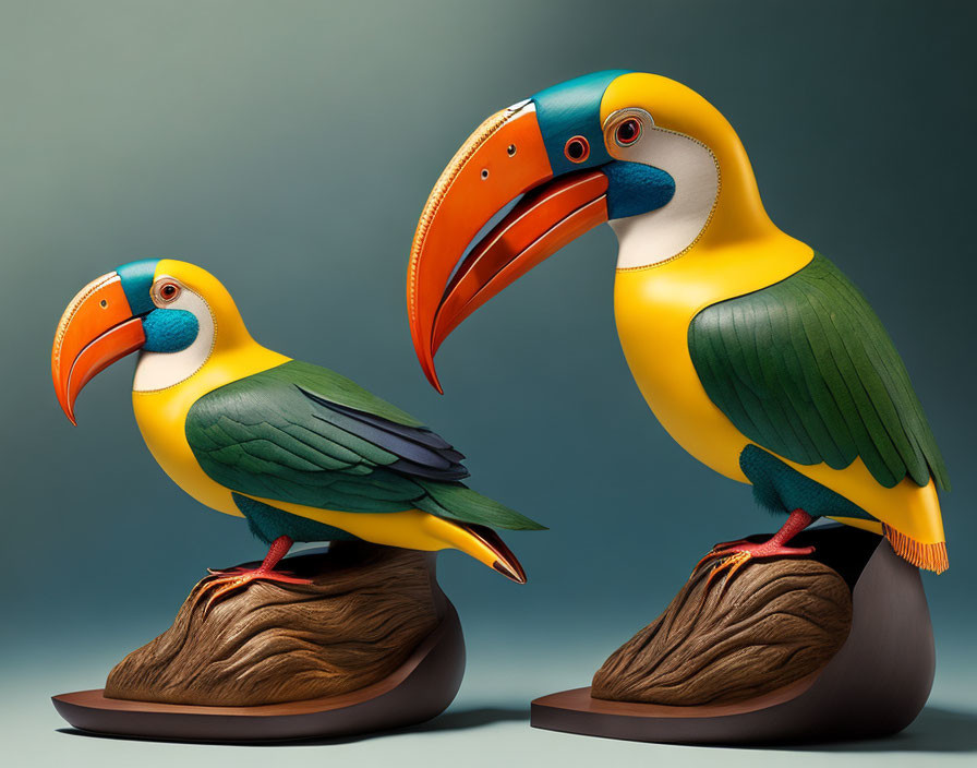 Colorful Toucan Figurines on Brown Bases Against Teal Background