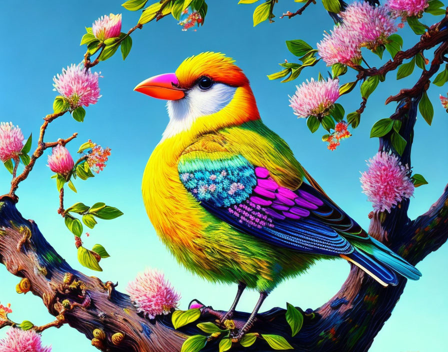 Colorful Bird Perched on Flowering Branch in Blue Sky