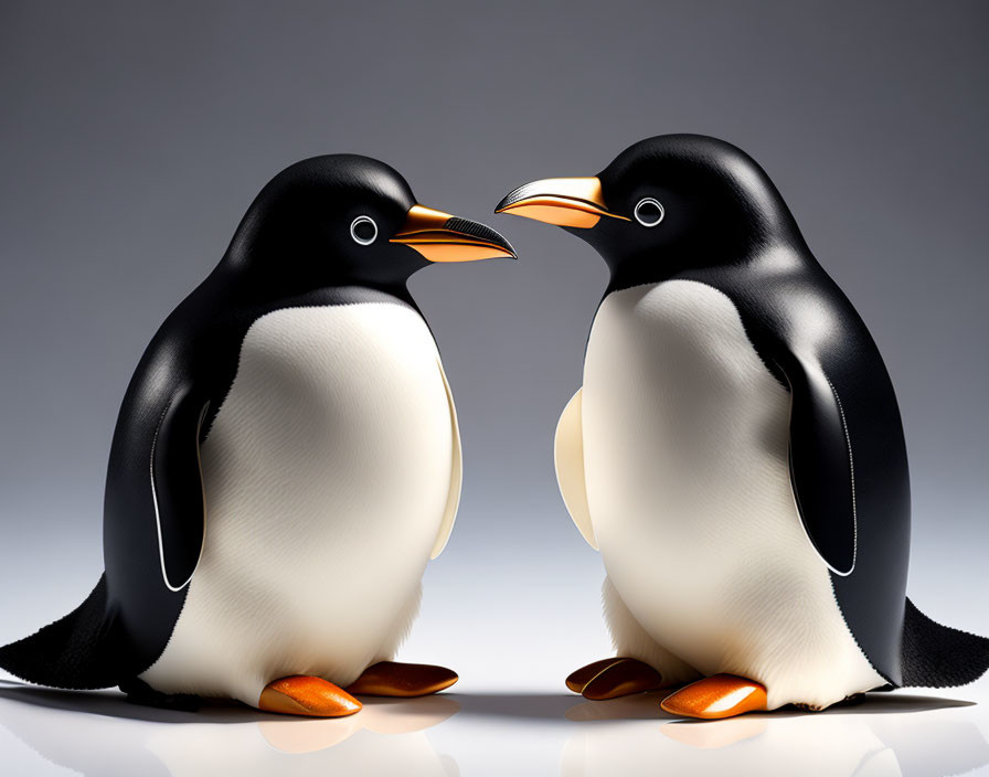 Realistic 3D-rendered penguins on gray gradient background