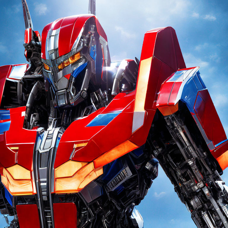 Detailed Close-Up of Optimus Prime in Red and Blue Armor