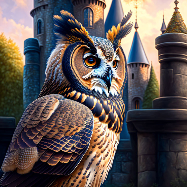 Majestic owl with striking eyes in front of fantasy castle at dusk
