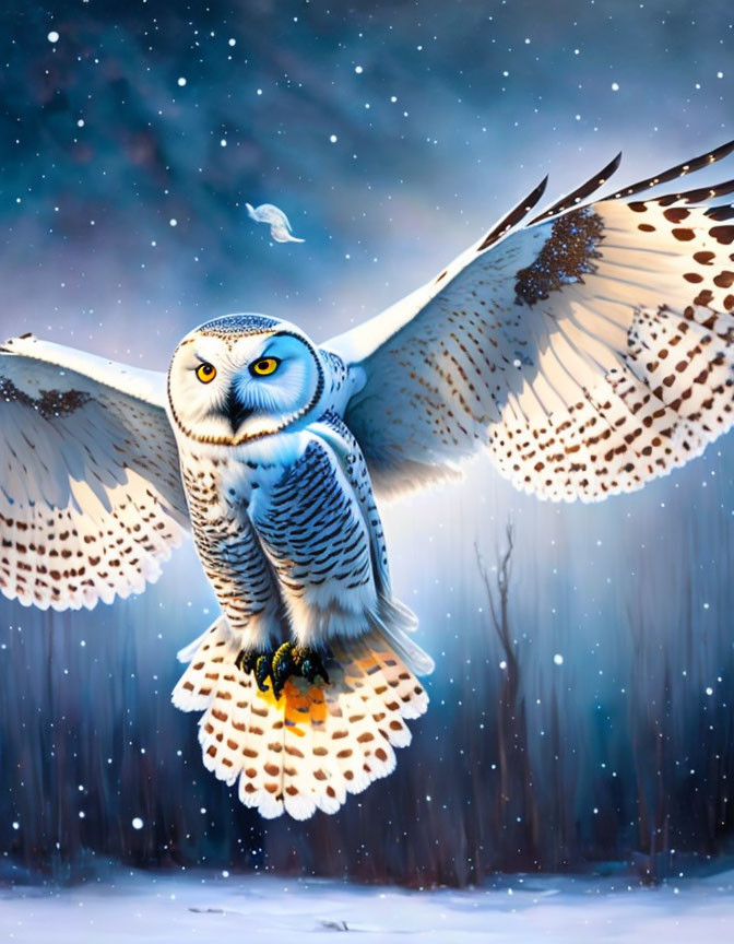 Snowy Owl Flying in Wintry Forest with Falling Snowflakes