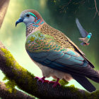 Colorful pigeon with intricate patterns perched in lush forest, hummingbird nearby