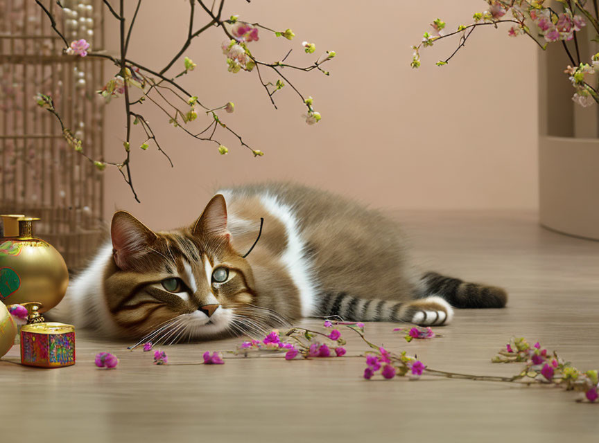 Tabby Cat Resting Near Cherry Blossoms and Vases on Wooden Surface