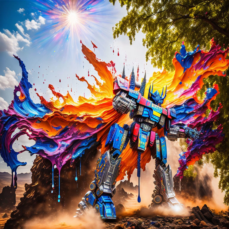Colorful Fluid Explosion Backdrop with Robot Resembling Optimus Prime under Radiant Sun