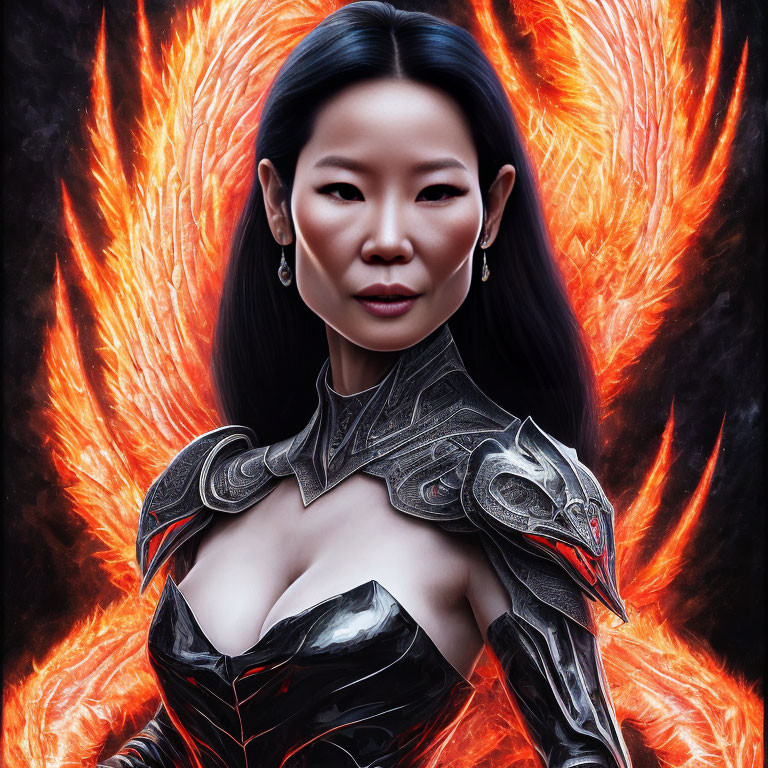 Dark-armored woman with fiery wings in background.