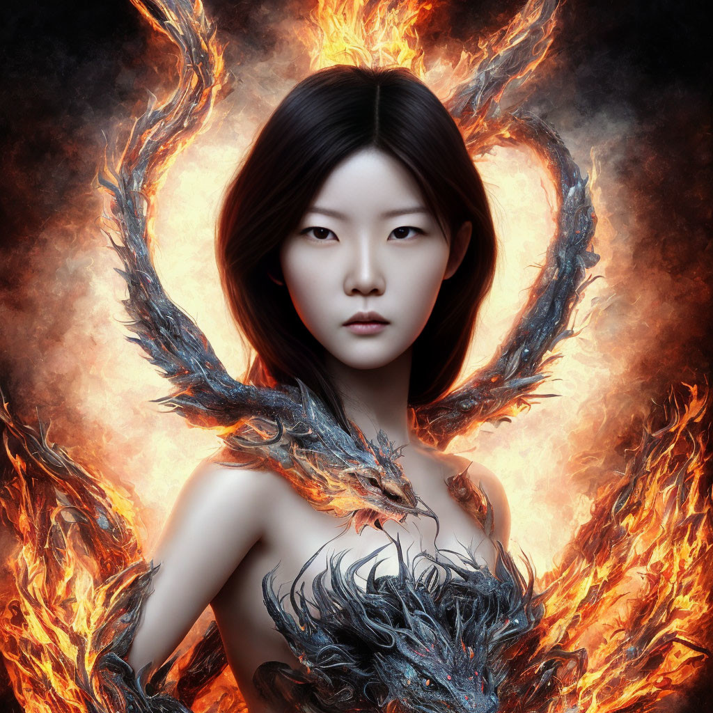 Intense gaze woman with fiery wings and feathers evoking a mythical phoenix