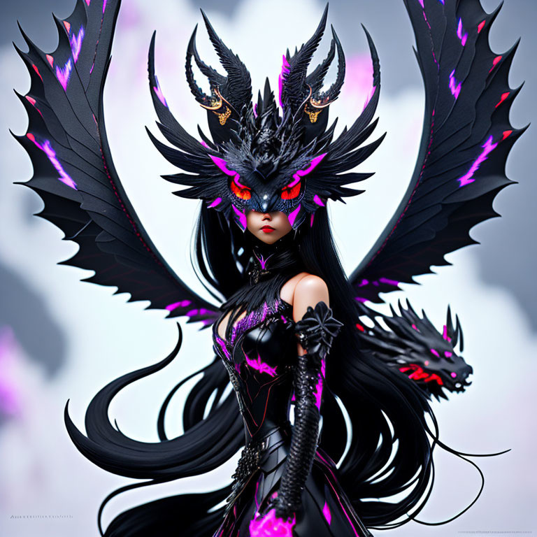 Fantasy Female Character with Black and Purple Wings and Dragon-Themed Helmet Holding Weapon on Soft Focus Background
