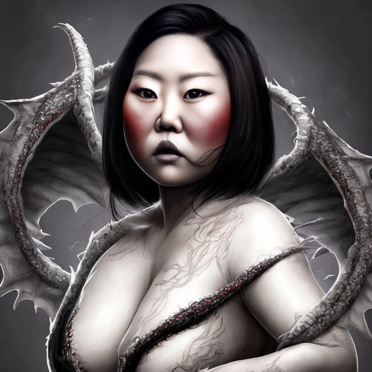 Digital illustration of woman with dragon-like wings and red eye makeup on grey background