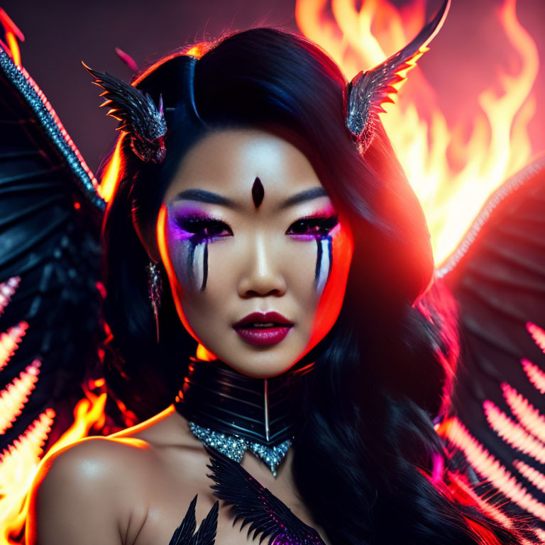 Fantasy creature with dark makeup and horns against fiery backdrop