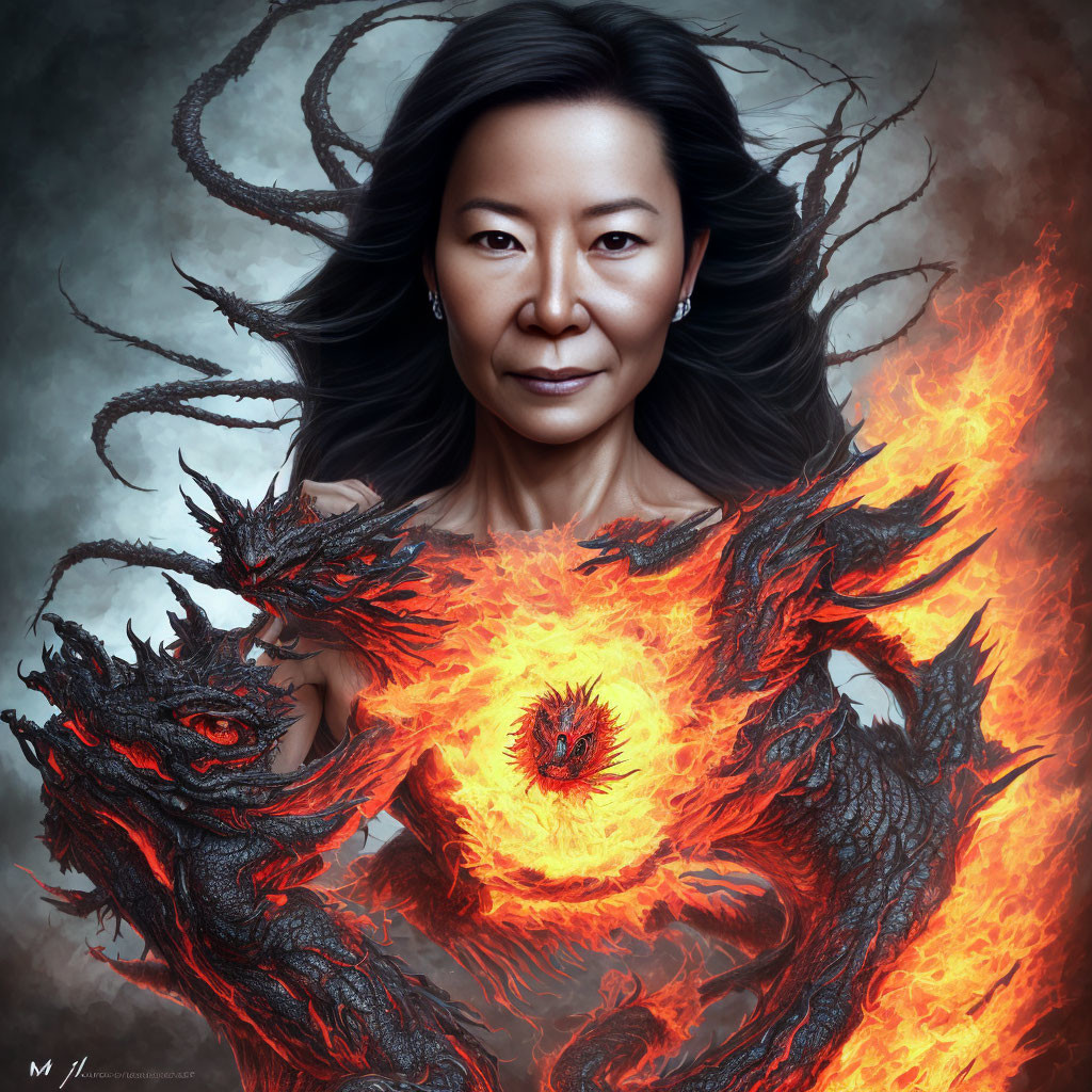Digital artwork: Woman merges with fiery dragon-like creatures