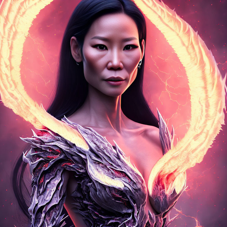 Intense gaze woman in shoulder armor against fiery circular background.