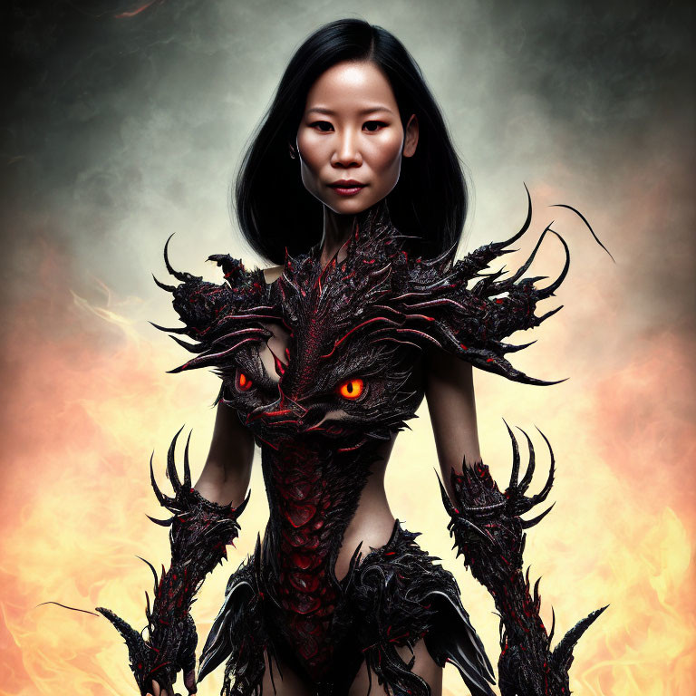 Detailed dragon-themed costume on woman with glowing eyes in fiery background