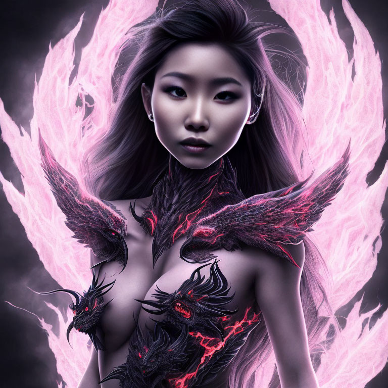 Digital artwork: Woman in fiery pink energy with mystical bird-like creatures