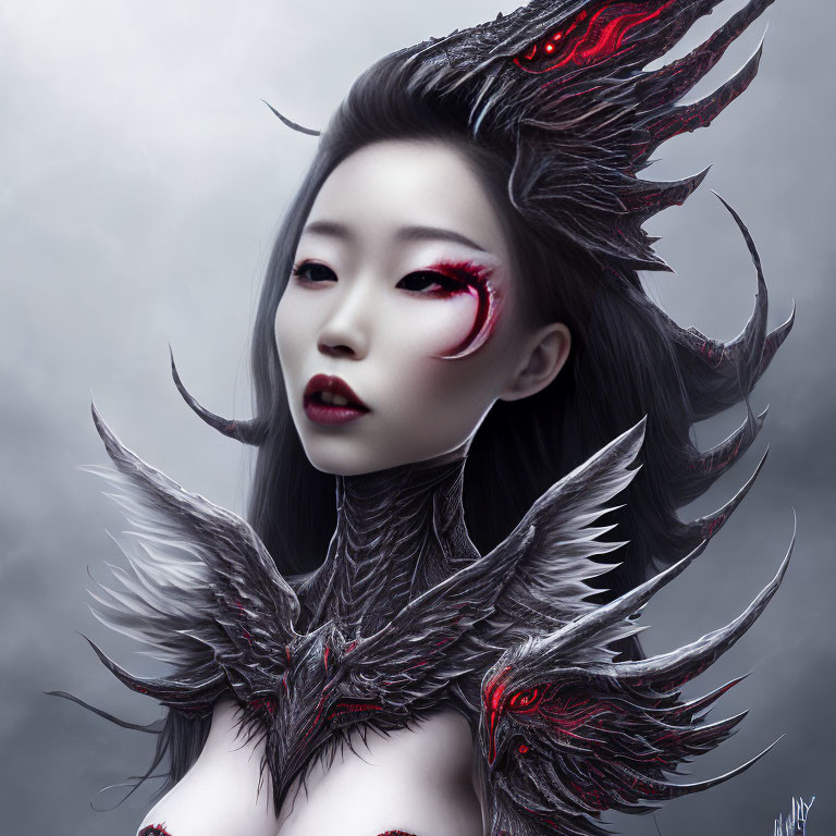 Fantasy portrait of a woman with pale skin and red eyes in dark, feathered armor on mist