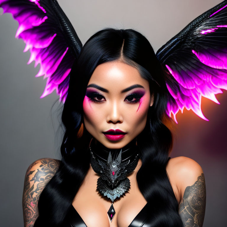 Woman with Striking Makeup and Purple Winged Effects, Edgy Pose, Detailed Necklace, and Tatto