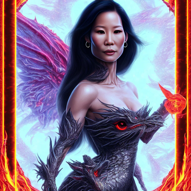 Asian Woman with Dragon-Inspired Creature in Fiery & Icy Fantasy Scene