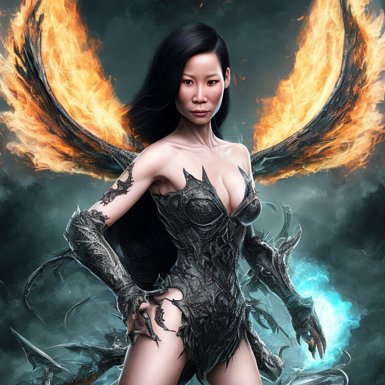 Fantasy digital artwork: Woman in armor with fiery wings on dark background