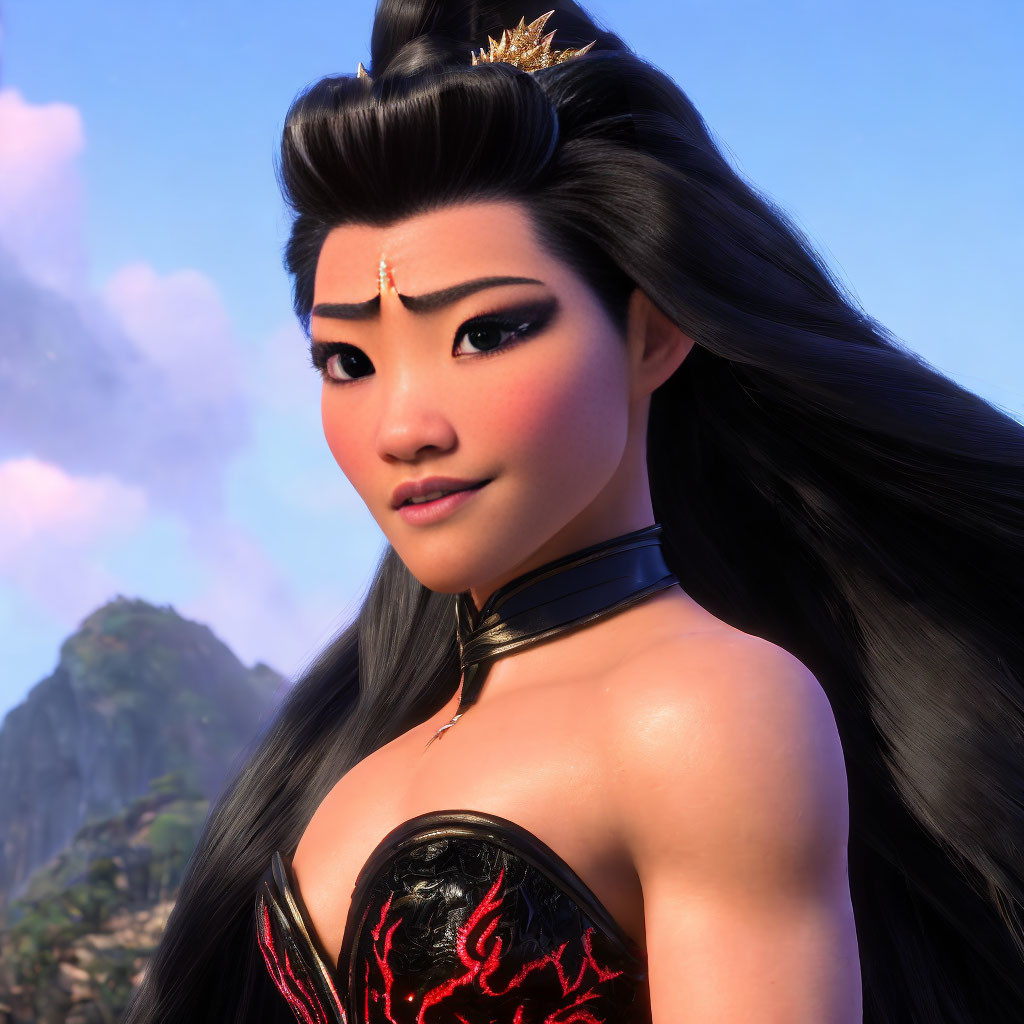 3D animated female character with black hair, crown, red & black outfit, mountainous background