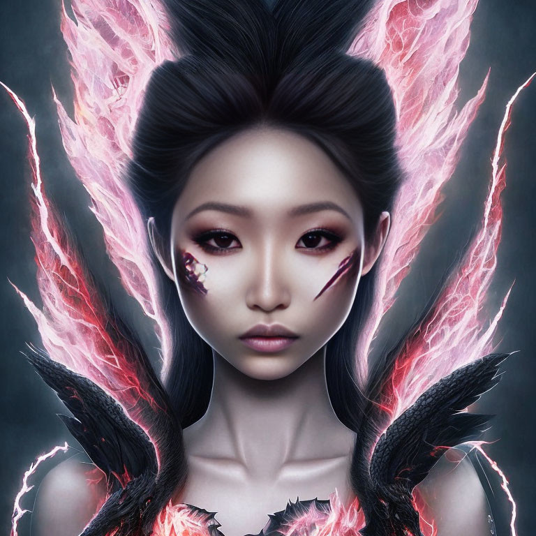 Digital portrait of woman with black hair and pink flames, dark feathered shoulders