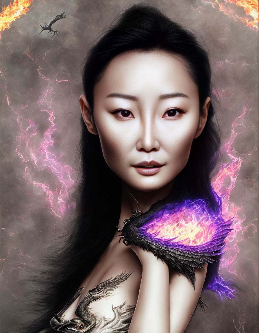 Dark-haired woman with fantasy makeup in purple lightning with dragon and flames