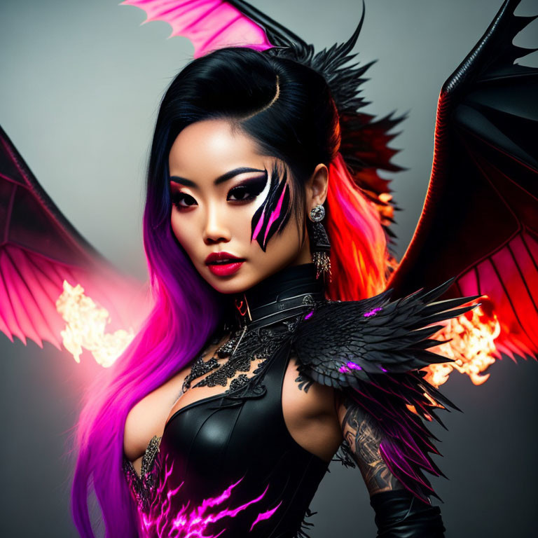 Purple-haired woman with striking makeup and wings in a mystical setting