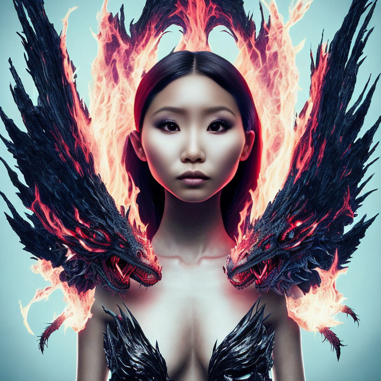 Woman with black dragon wings and fiery halo on blue background