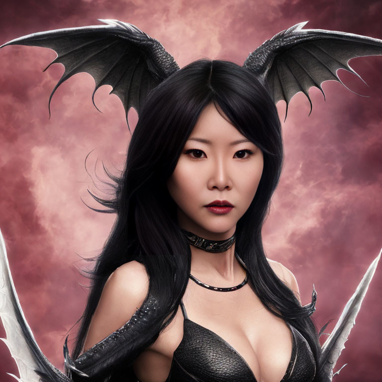 Dark-haired woman in strap-like attire with bat-like wings on red backdrop