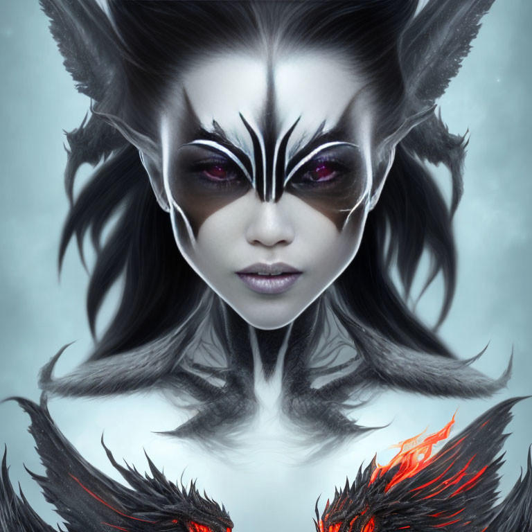 Fantasy female character with purple eyes, crown headpiece, and fiery wings