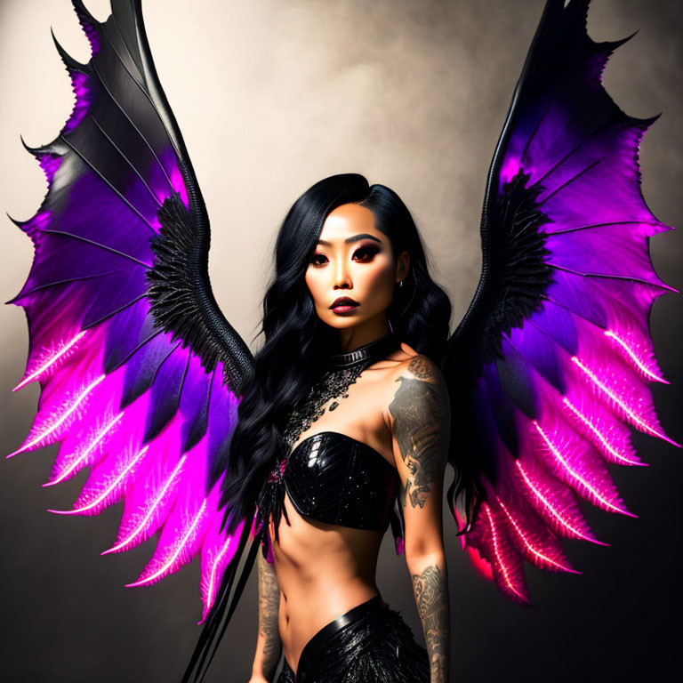 Woman with Dramatic Purple and Black Wings and Tattoos on Smoky Background