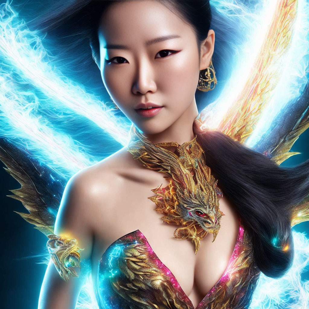 Woman with glowing wings in golden dragon-themed attire in serene expression immersed in ethereal blue light