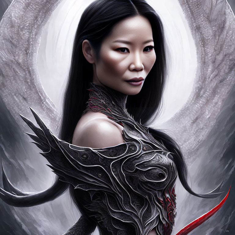 Asian woman in dark armor with red accents on silver background