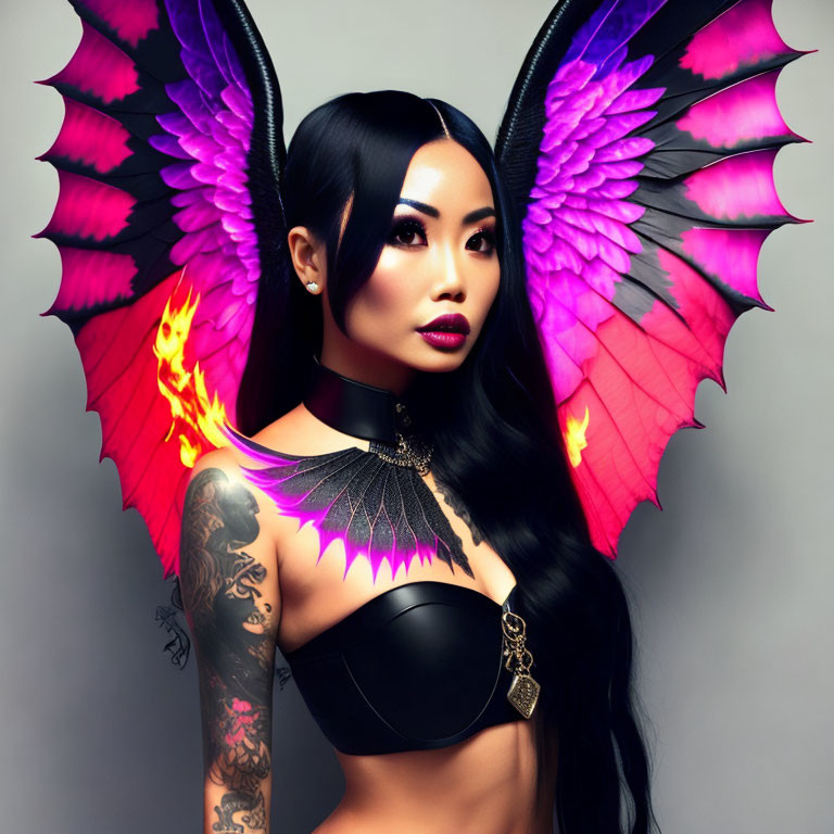 Woman with Pink and Purple Wings, Black Choker, and Sleeve Tattoos on Grey Background