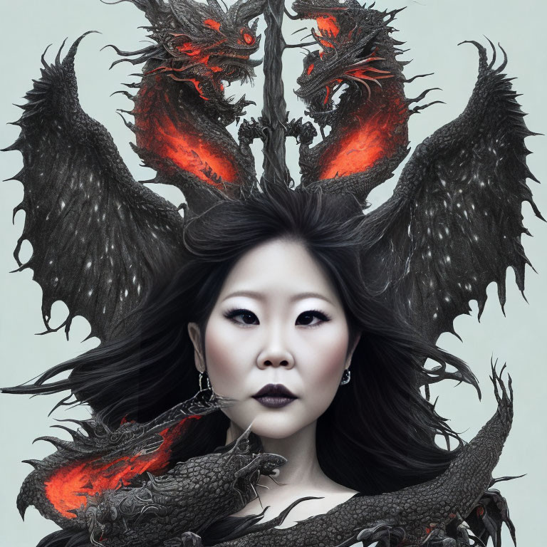 Fantasy illustration featuring woman with dramatic makeup and fiery dragons.
