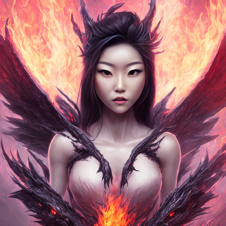 Fantasy image of woman with dark angelic wings surrounded by flames