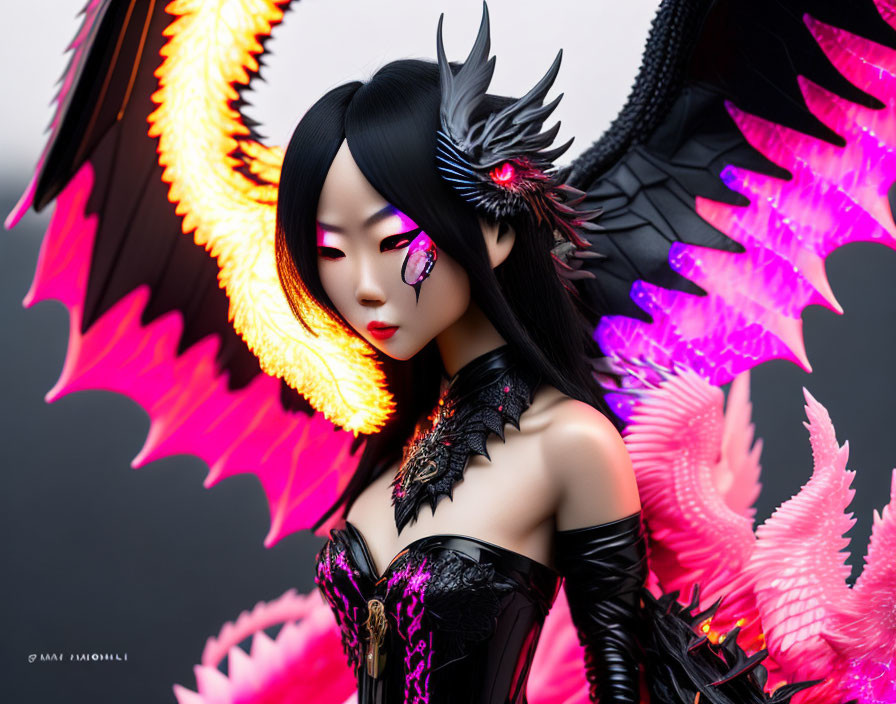 Dark fantasy costume with neon pink accents and intricate wings.