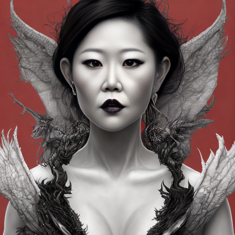 Monochromatic portrait of a woman with bat-like wings on red background