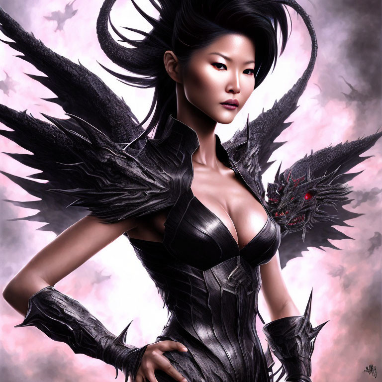 Fantasy-themed digital art of woman in dark outfit with dragon-like features
