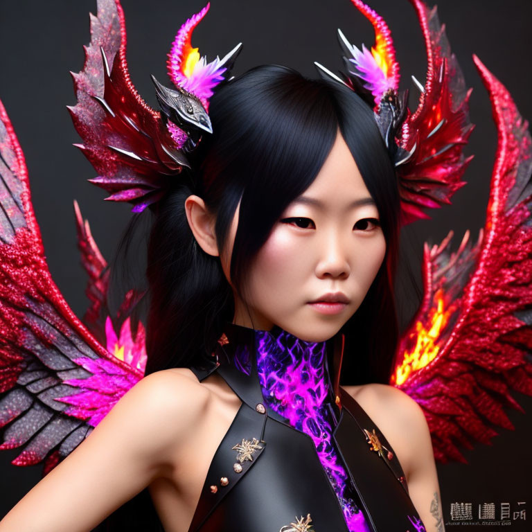 Red and Black Feathered Wings with Dragon-Themed Armor on Dark Background