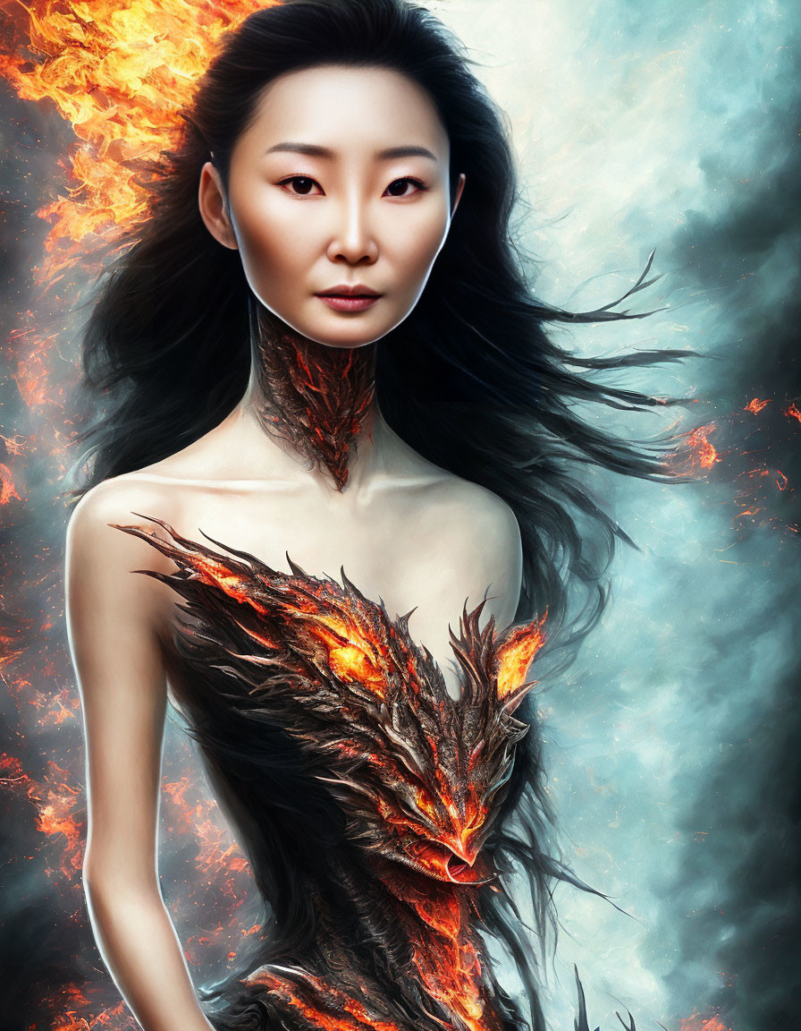 Fiery Woman Artwork with Smoldering Wings and Blazing Accents