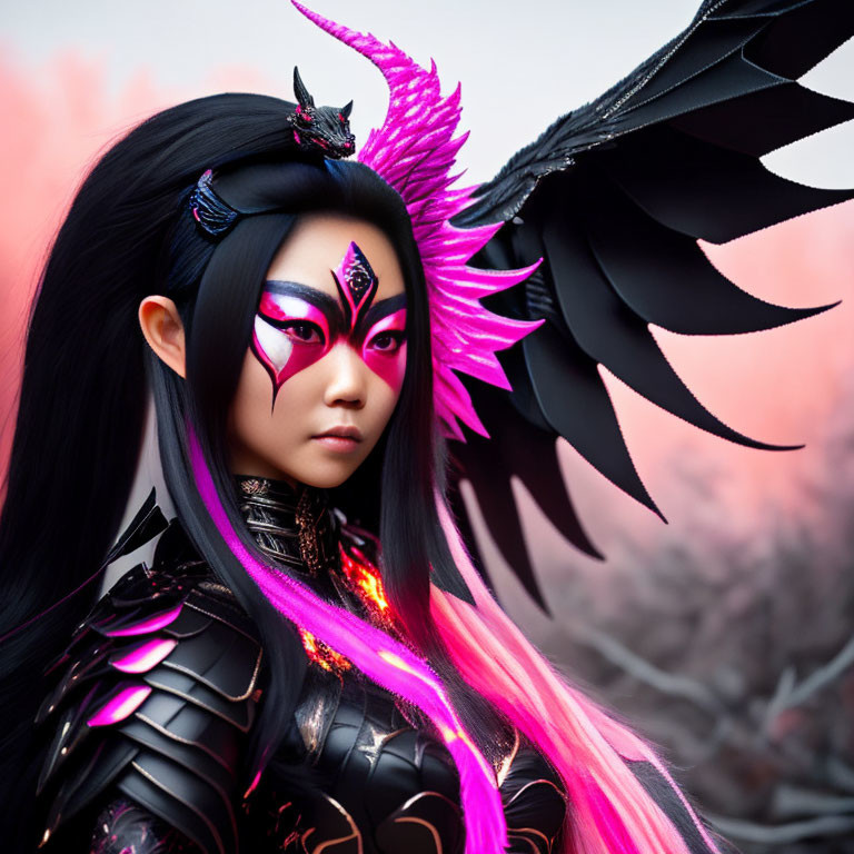 Elaborate Black and Pink Armor Fantasy Cosplay Character in Nature